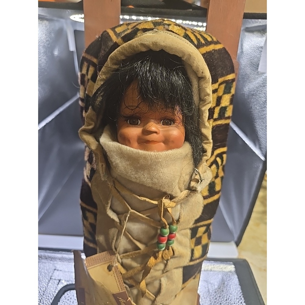 Vintage Porcelain Native American Angels Doll Swaddled On Sled  "Used" - Picture 2 of 7